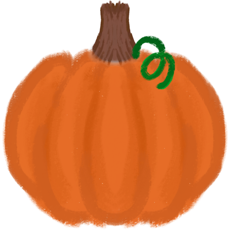 an orange pumpkin with a brown stem and a curly green vine coming off of it.